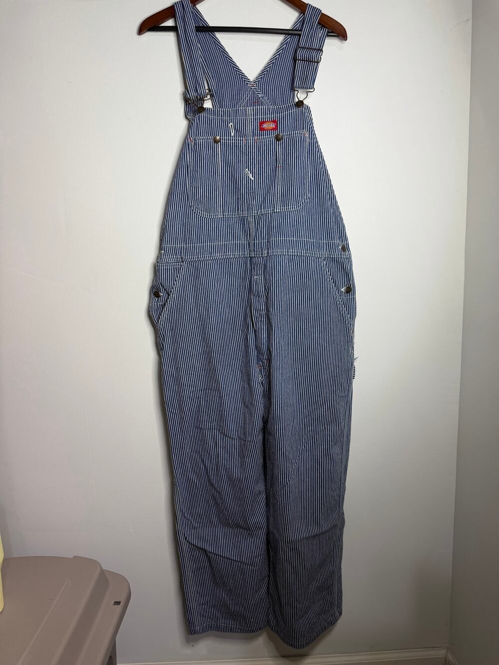 Dickies Bib Overalls Mens Size 40x30 Blue Denim Carpenter Jean Pants Pin Stripe